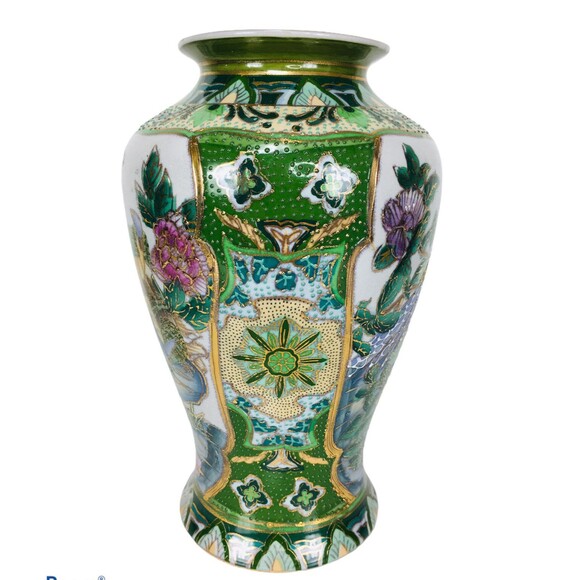 Vintage Early1900s Chinese Hand Painted Moriage Floral Peacock Vase Numbered - Picture 6 of 10
